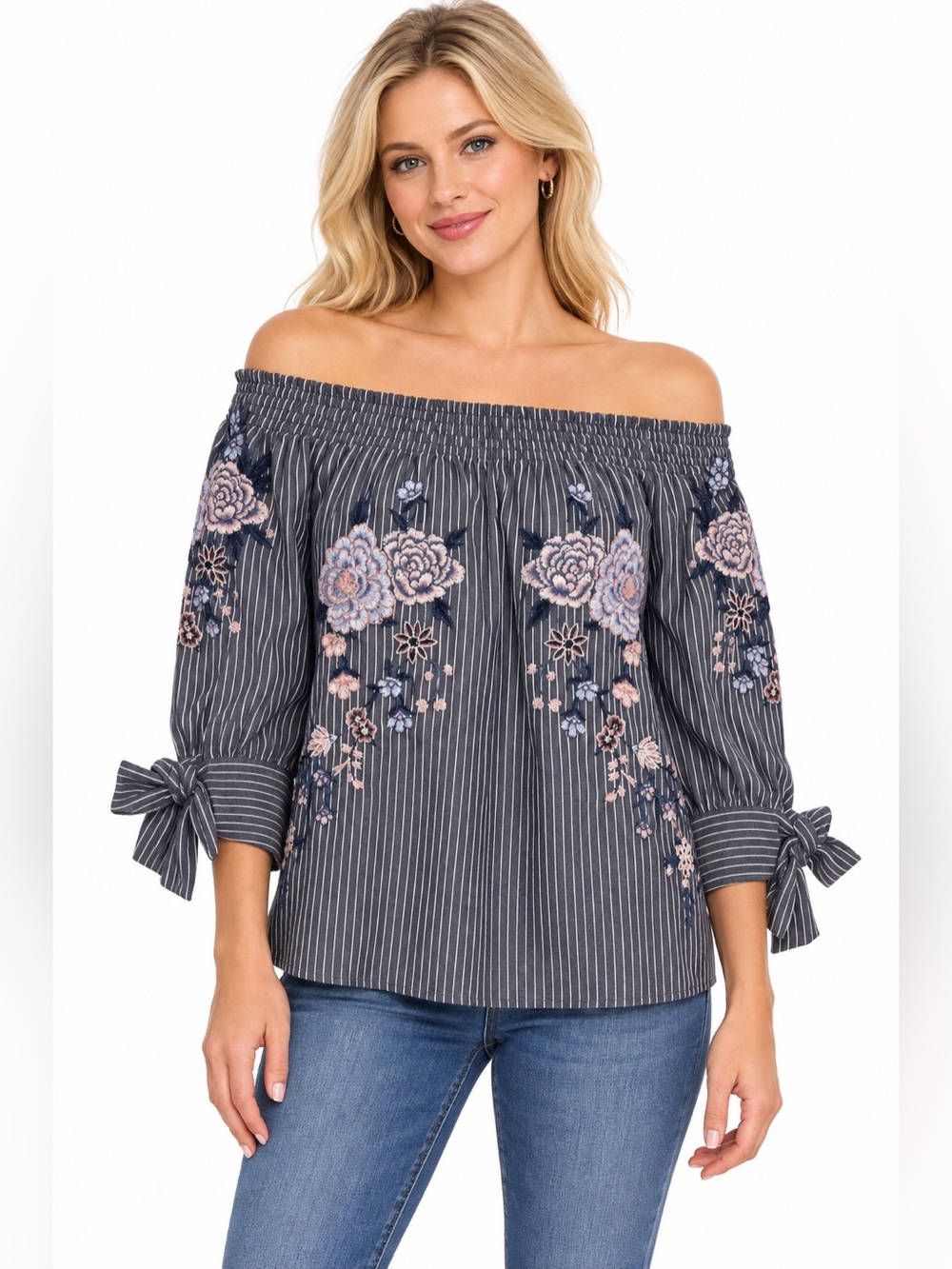American Eagle Off-Shoulder Embroidered Stripe Top in Navy with Pink Floral